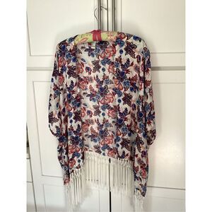 Forever 21 Womens Floral Kimono Shawl Sz L Fringe